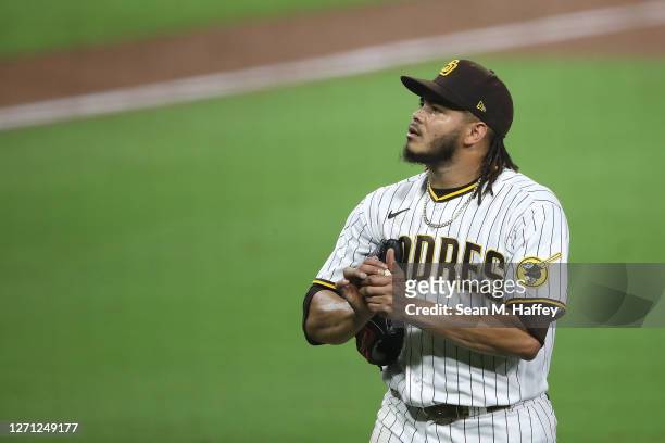Dinelson Lamet of the San Diego Padres leaves the game during the eighth inning of a game against the Colorado Rockies at PETCO Park on September 07,...