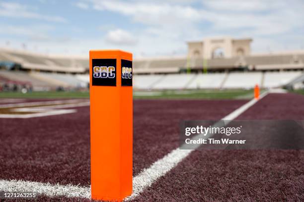 An end zone pylon with the Sun Belt Conference logo is seen before the game between the Texas State Bobcats and the Southern Methodist Mustangs at...