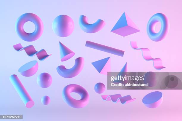 3d abstrakte fliegende geometrische formen mit neon-beleuchtung auf farbverlauf hintergrund - 3d geometry stock-fotos und bilder