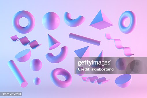 3D Abstract Flying Geometric Shapes with Neon Lighting on Color Gradient Background 3D Abstract Flying Geometric Shapes with Neon Lighting on Color Gradient Background