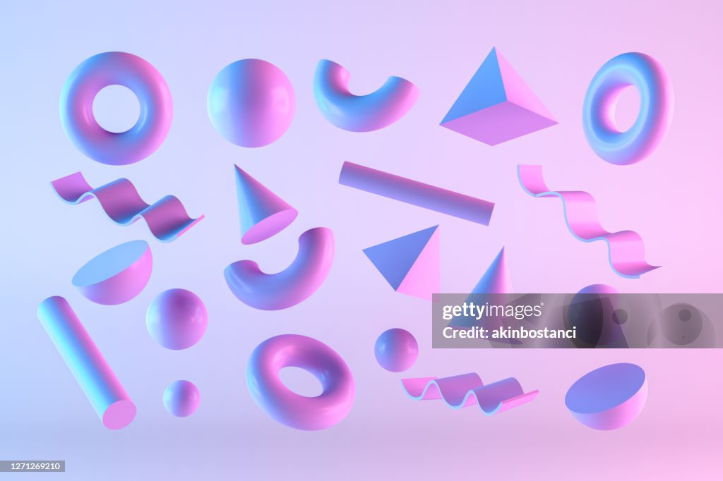 3D 抽象飛行幾何形狀與霓虹燈照明的顏色漸變背景。