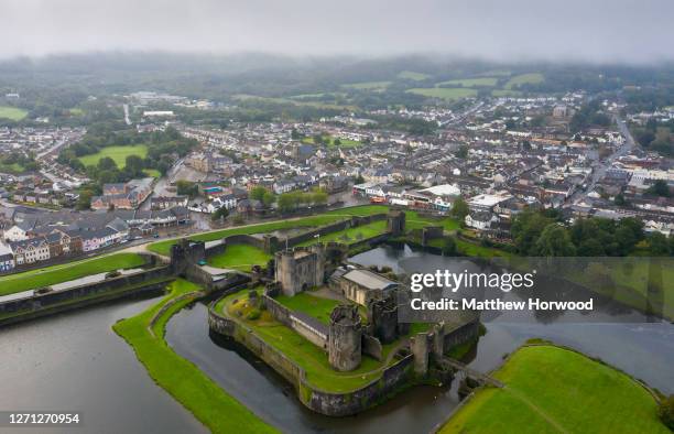 An aerial view of Caerphilly Castle and surrounding area on September 8, 2020 in Caerphilly, Wales. The county borough of Caerphilly in South Wales...