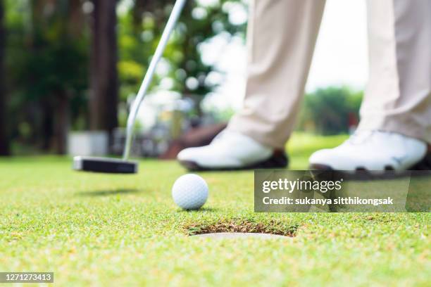 golfer preparing for a putt on the green during golf course. - mini golf stock-fotos und bilder