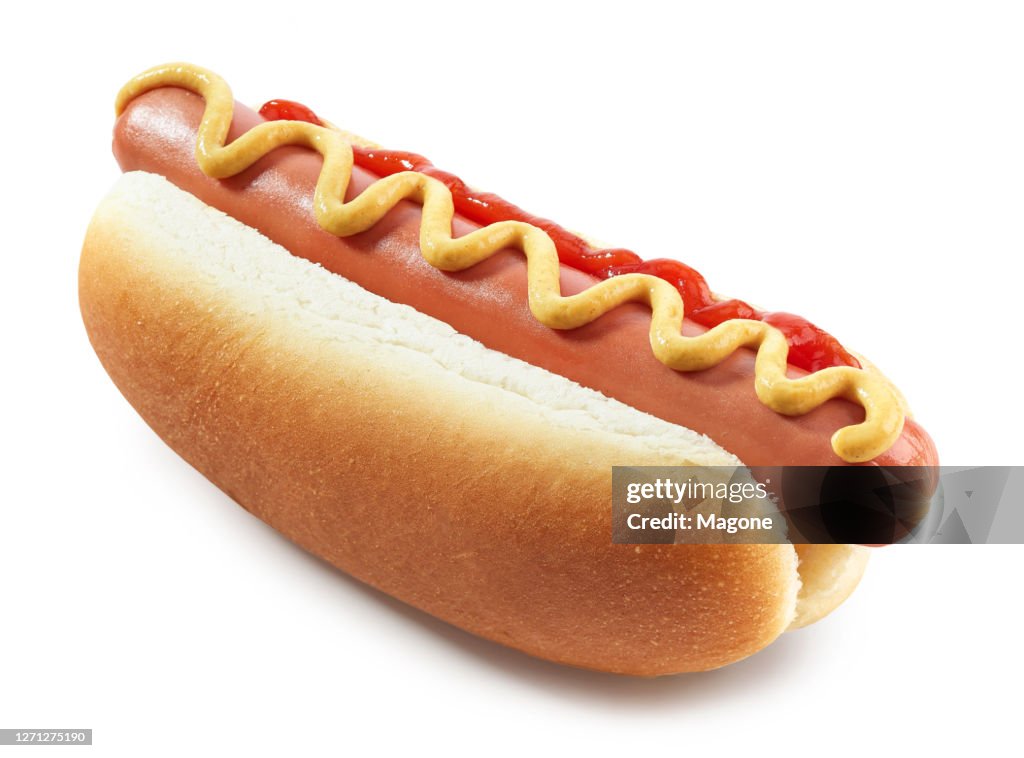 Hot dog with mustard isolated on white background