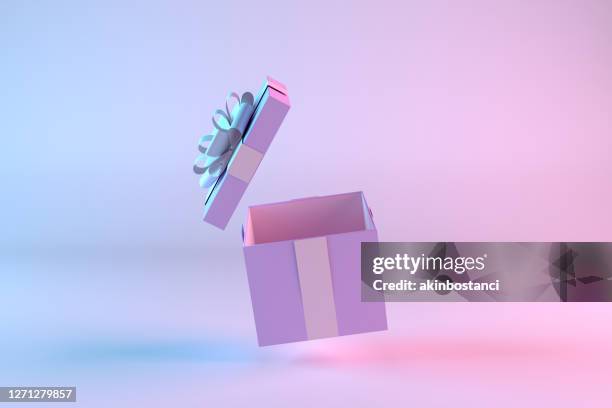 öffnen geschenk-box, minimale 3d-design auf farbverlauf hintergrund - abstract object stock-fotos und bilder