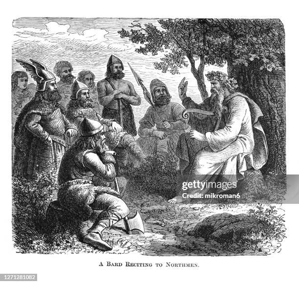 old engraved illustration of viking bard singing of heroic legends to northmen - celtic style stockfoto's en -beelden