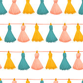 Tassels seamless vector background. Colorful decorative tassels repeating pattern. Great for cards, party invitations, wallpaper, packaging, fabric , gift wrap, celebrations, party decor