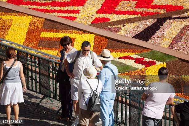 aerial shot talking adult and senior people talking at le tapis de fleurs in brussels - le sommer stock pictures, royalty-free photos & images