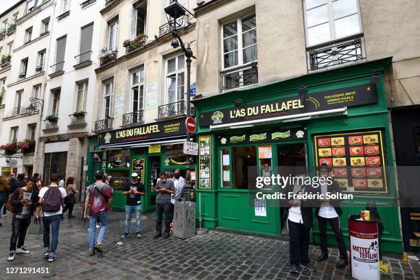 As du Fallafel restaurant of the Rue des Rosiers, in the Marais district, hosting one of Paris' main Jewish communities on July 24, 2020 in Paris,...