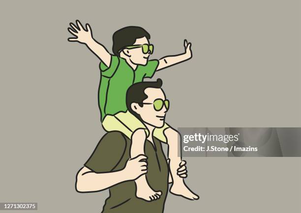a boy on father's shoulder feeling sea breeze - kid sunglasses stock illustrations
