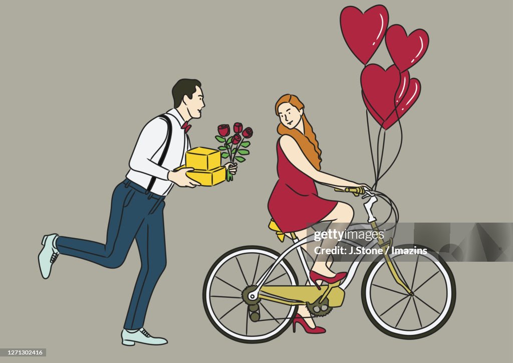 A Man with Presents and Rose Chasing after a Woman on a Bicycle