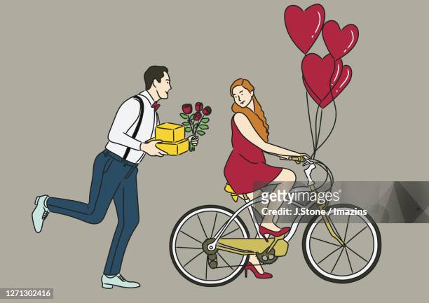 illustrazioni stock, clip art, cartoni animati e icone di tendenza di a man with presents and rose chasing after a woman on a bicycle - amore non corrisposto