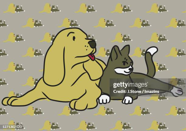 a dog and cat looking at somewhere - two cats stock illustrations
