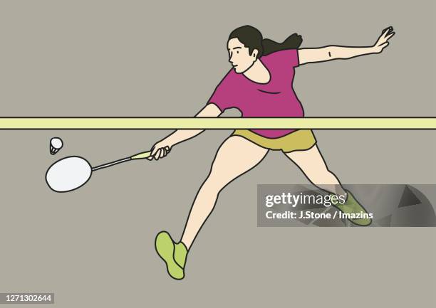 woman doing forehand while playing badminton - badminton racket 幅插畫檔、美工圖案、卡通及圖標