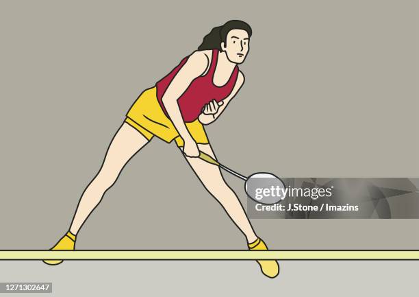 a woman returning a shuttlecock with a racket - one woman only stock illustrations