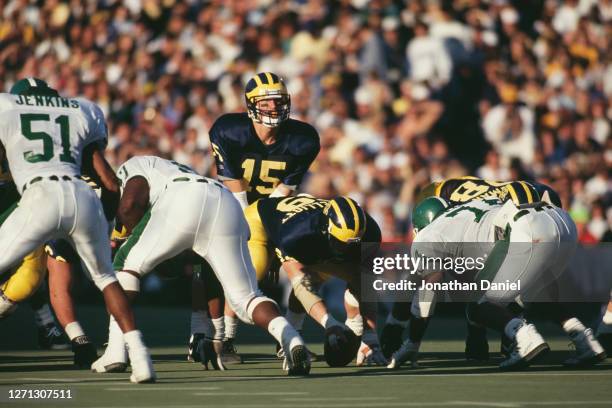 Elvis Grbac Quarterback for the University of Michigan Wolverines call the play at the snap during the NCAA Division I-A Big 10 college football game...