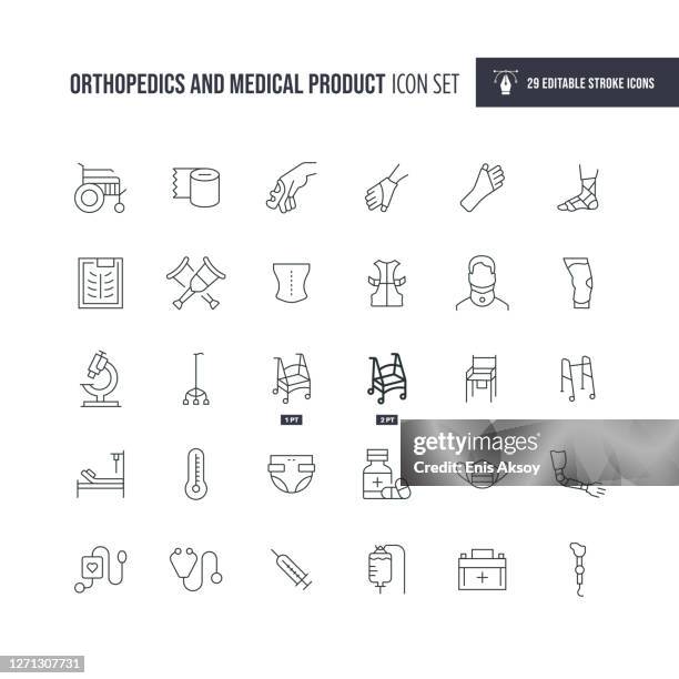 orthopädie und medizinische produkte editierbare stroke line icons - behindertenzeichen stock-grafiken, -clipart, -cartoons und -symbole