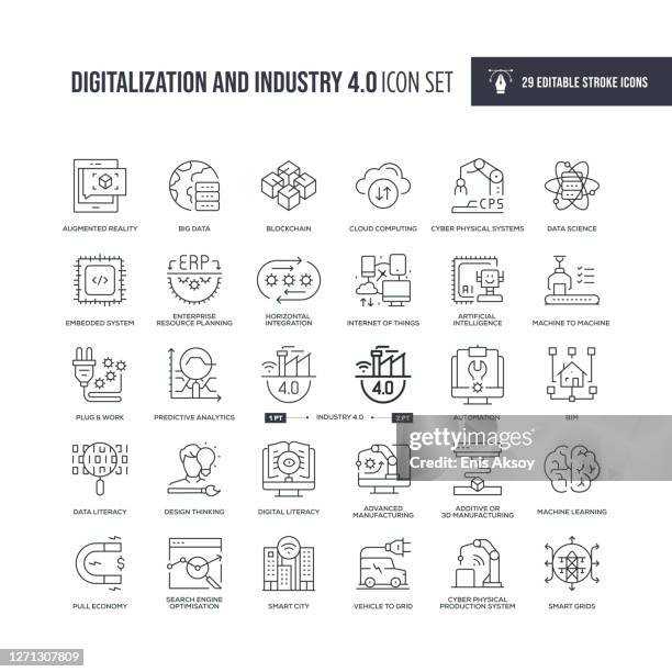 ilustraciones, imágenes clip art, dibujos animados e iconos de stock de digitalización e industria 4.0 iconos de línea de trazo editables - digitalización
