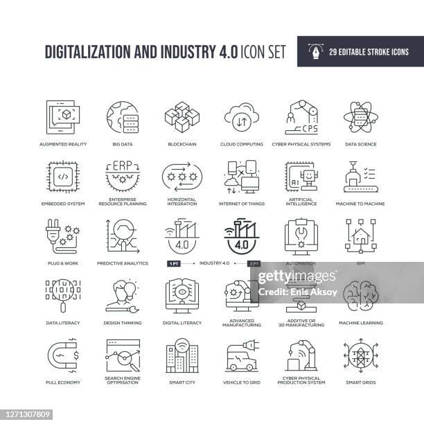 bildbanksillustrationer, clip art samt tecknat material och ikoner med digitalisering och industri 4.0 redigerbara linjeikoner för stroke - gå ihop