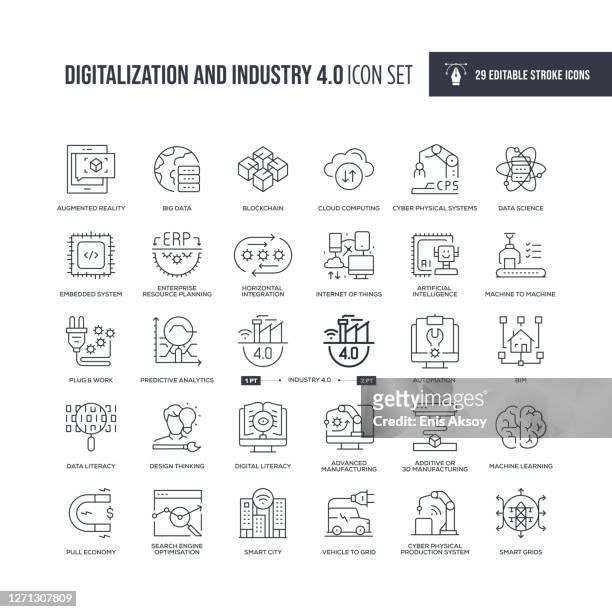 digitalization and industry 4.0 editable stroke line icons - virtual reality stock illustrations