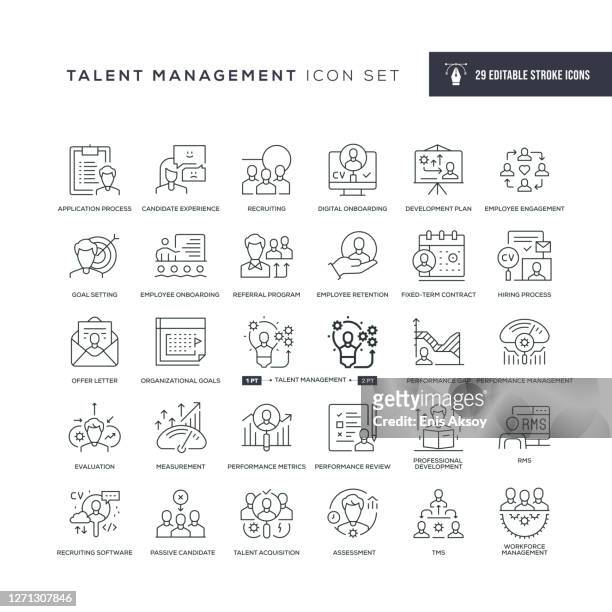 illustrazioni stock, clip art, cartoni animati e icone di tendenza di icone della linea del tratto modificabile di gestione talenti - sviluppo