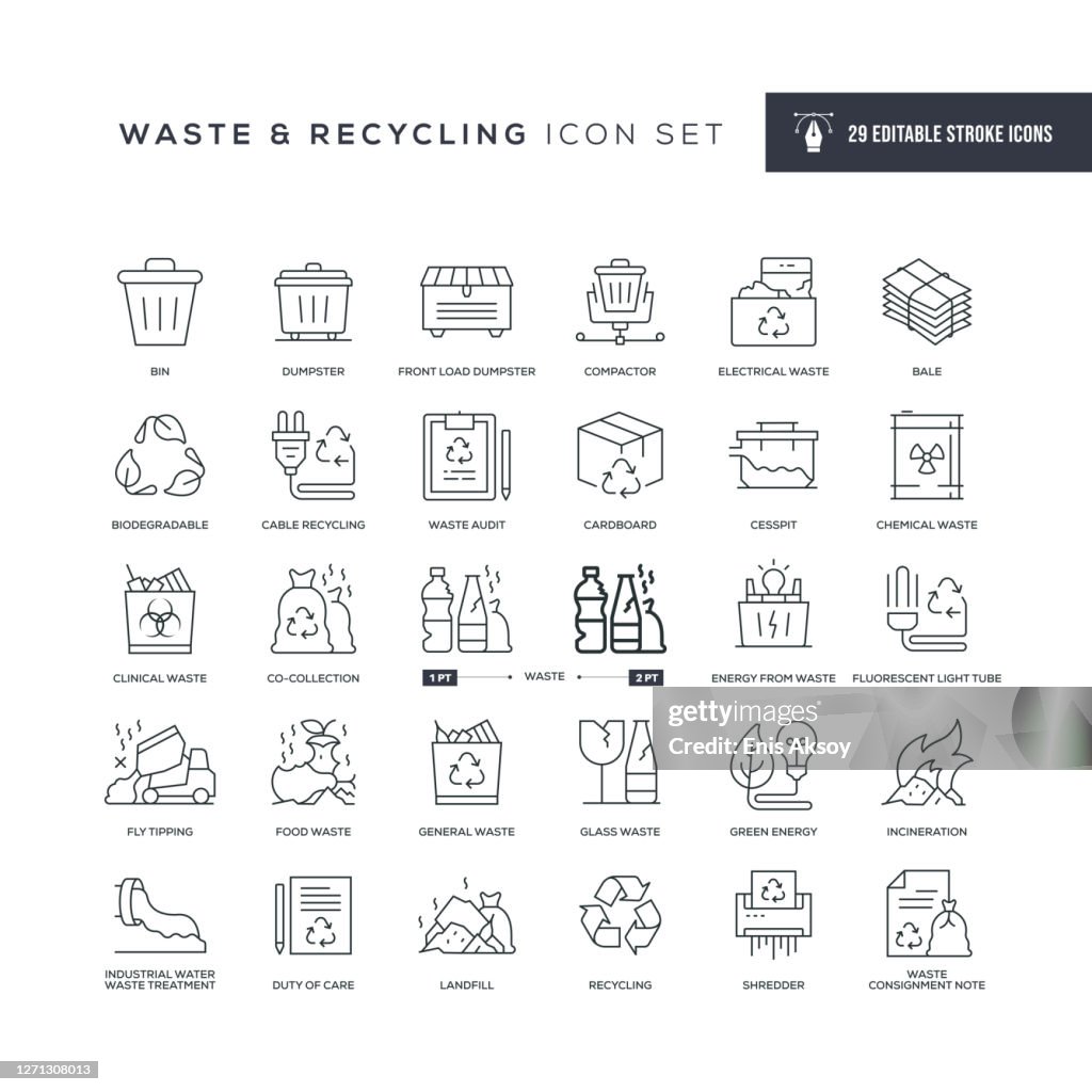 廃棄物とリサイクル編集可能なストロークラインアイコン