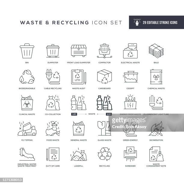 waste and recycling editable stroke line icons - recycling symbol stock illustrations