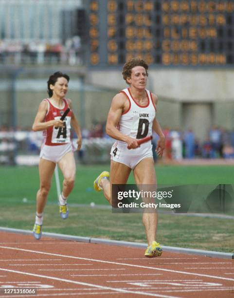 Jarmila Kratochvílova of Czechoslovakia #D during the Women's 4 X 400 metres relay competition at the European Cup of Athletics on 20th August 1983...