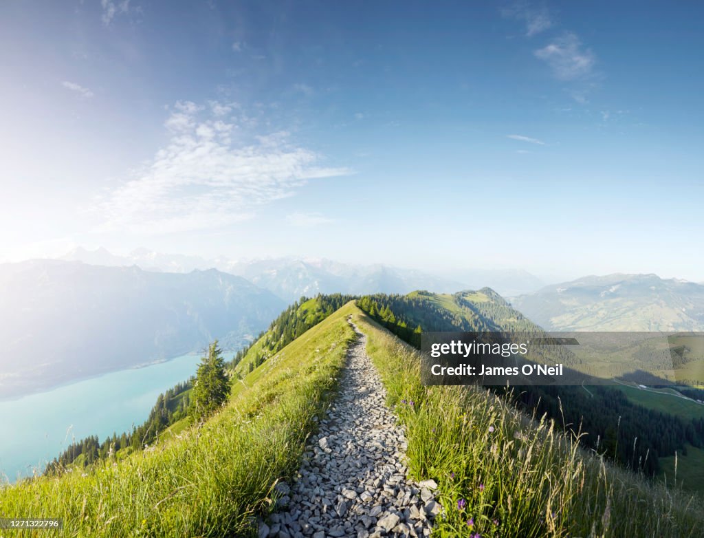 Hiking path along alpine ridge line, Augstmatthorn, Switzerland