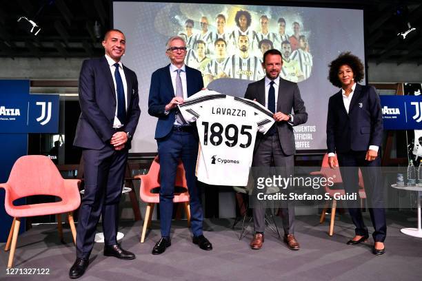 David Trezeguet, Sergio Cravero, Giorgio Ricci and Sara Gama during the Lavazza and Juventus Press Conference at the Nuvola Lavazza on September 08,...