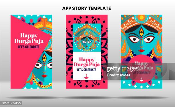 stockillustraties, clipart, cartoons en iconen met durga puja app verhaal ontwerp - navratri festival celebrations