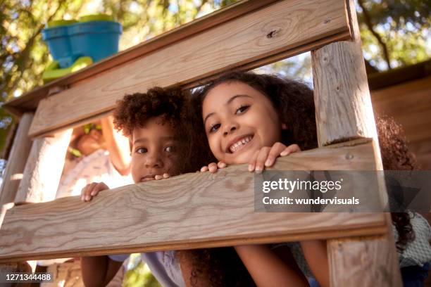 two kids smiling at the camera on top of tree house - tree house stock pictures, royalty-free photos & images