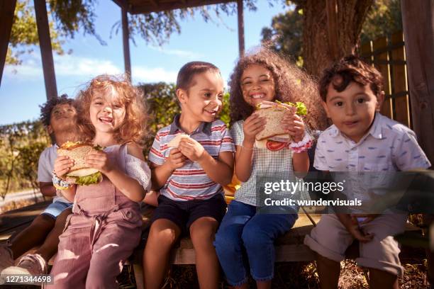 grupo de niños felices sentados comiendo sándwiches en el jardín - sólo niñas fotografías e imágenes de stock