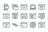 Website development and Web support services line icons. Hosting and Software Settings vector linear icon set.