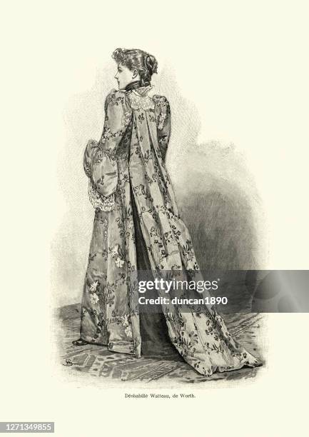 ilustraciones, imágenes clip art, dibujos animados e iconos de stock de moda de mujer victoriana tardía, deshabille watteau, de worth - victorian gown