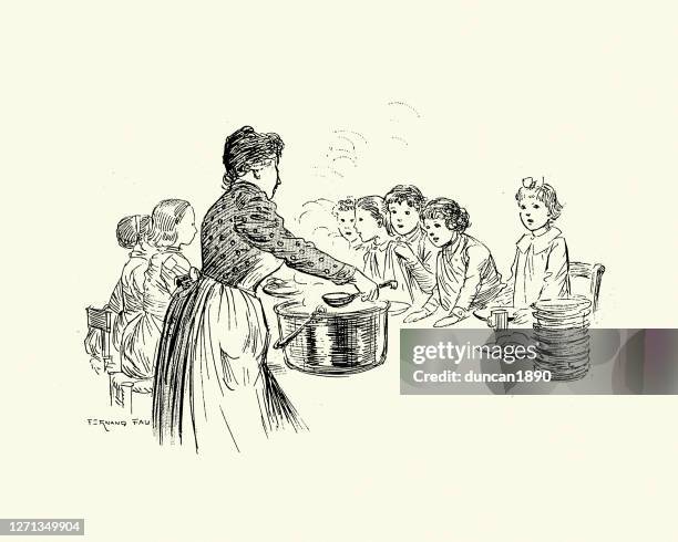 ilustraciones, imágenes clip art, dibujos animados e iconos de stock de cocine sirviendo grupo de niños hambrientos sopa victoriano 19th century - cuchara-de-helado