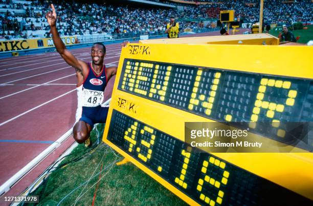 Michael Johnson of the USA after winning and setting new world record in the Men's 400m Final at the 7th IAAF World Athletics Championship at the...