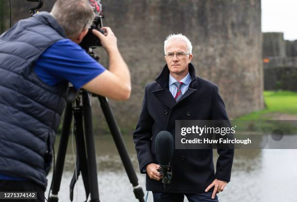 General view of Enda Brady of Sky News reporting on the First Local Lockdown in Wales on September 08, 2020 in Caerphilly, Wales.The county borough...