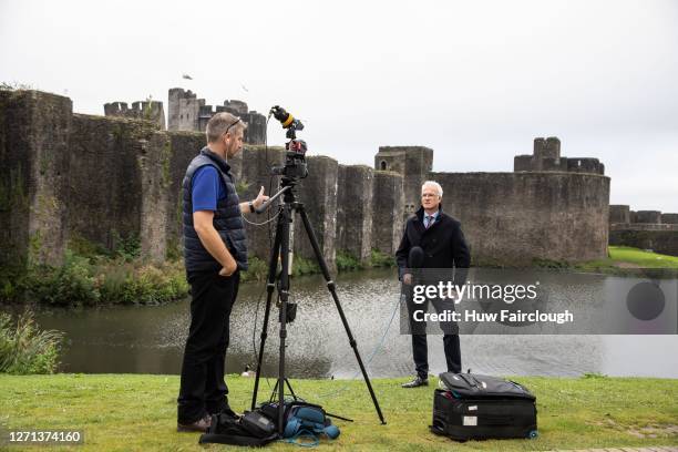 General view of Enda Brady of Sky News reporting on the First Local Lockdown in Wales on September 08, 2020 in Caerphilly, Wales. The county borough...