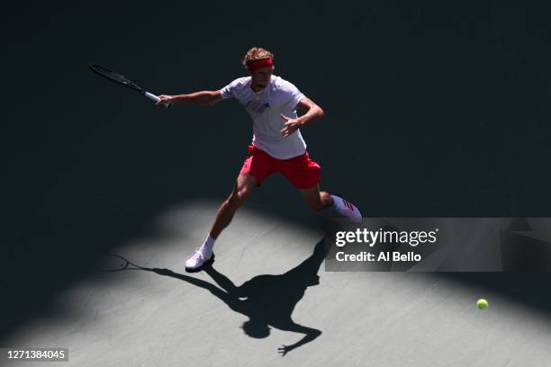 Alexander Zverev of Germany returns the ball during his Men's Singles quarterfinal match against Borna Coric of Croatia on Day Nine of the 2020 US...