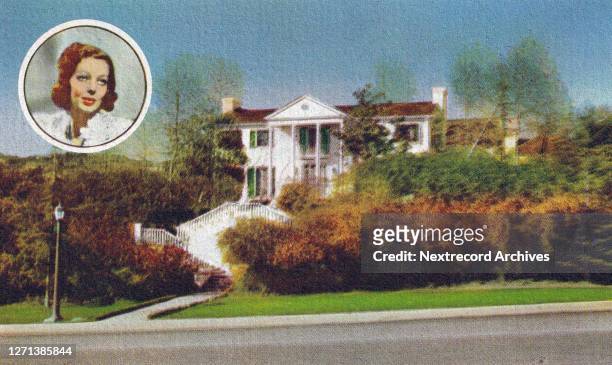 Vintage souvenir postcard published ca 1940 from series depicting Hollywood movie star homes, mansions and grand Los Angeles estates, here with...