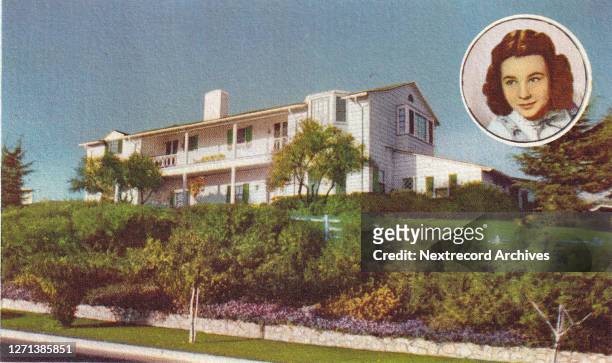 Vintage souvenir postcard published ca 1940 from series depicting Hollywood movie star homes, mansions and grand Los Angeles estates, here with...