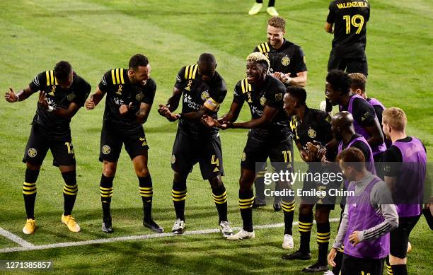 Columbus Crew celebrates a goal by Gyasi Zardes during their game against FC Cincinnati at MAPFRE Stadium on September 06, 2020 in Columbus, Ohio.