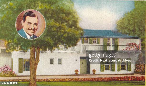 Vintage souvenir postcard published ca 1940 from series depicting Hollywood movie star homes, mansions and grand Los Angeles estates, here with...