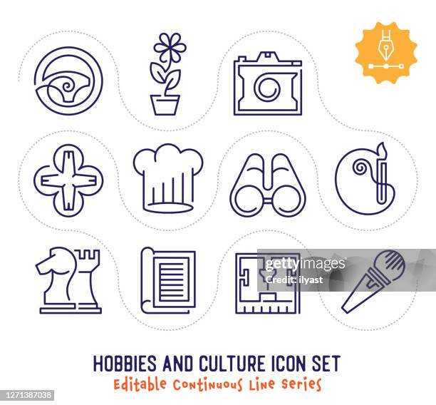 hobbies & culture editable continuous line icon pack - unique hobby stock illustrations
