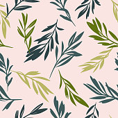 Leaves sprigs twigs leafage stem branch seamless pattern. Botanical background. Autumn leaves ornament.  Flat drawing. Fashion design.