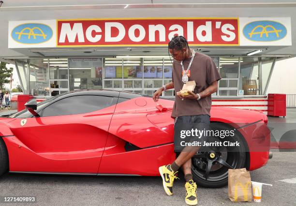 Travis Scott surprises crew and customers at McDonald's for the launch of the Travis Scott Meal on September 08, 2020 in Downey, California.