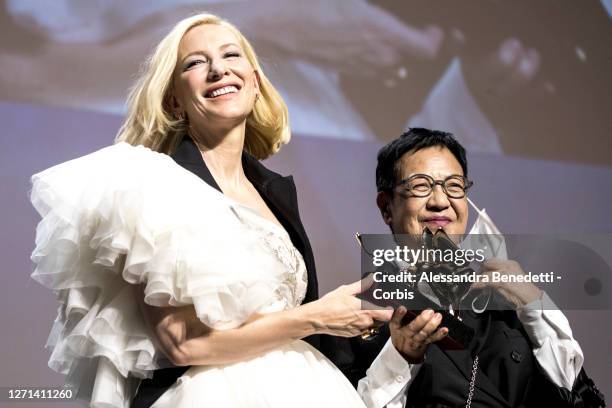 Ann Hui receives the Golden Lion For Lifetime Achievement from Cate Blanchett during an Award Ceremony at the 77th Venice Film Festival on September...