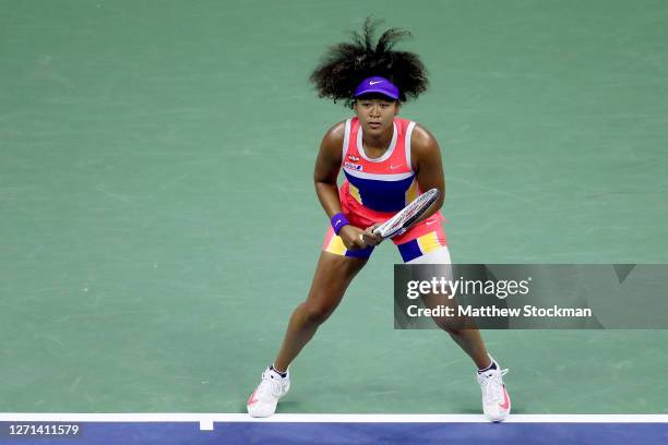 Naomi Osaka of Japan in action during her Women’s Singles fourth round match against Anett Kontaveit of Estonia on Day Seven of the 2020 US Open at...