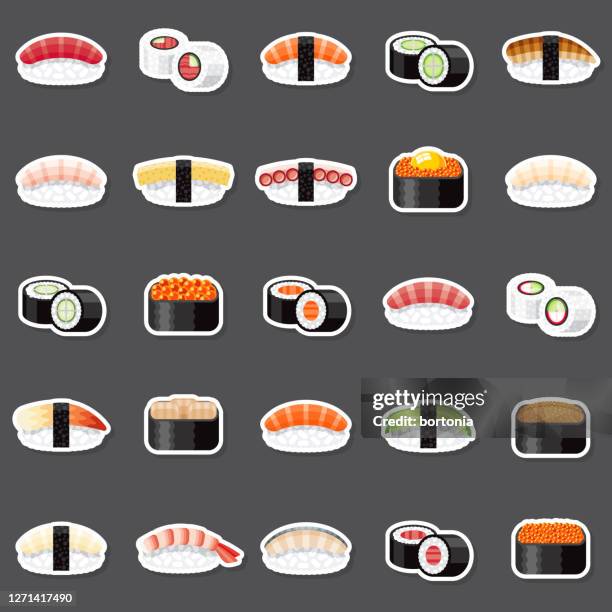 stockillustraties, clipart, cartoons en iconen met sushi sticker set - hosomaki